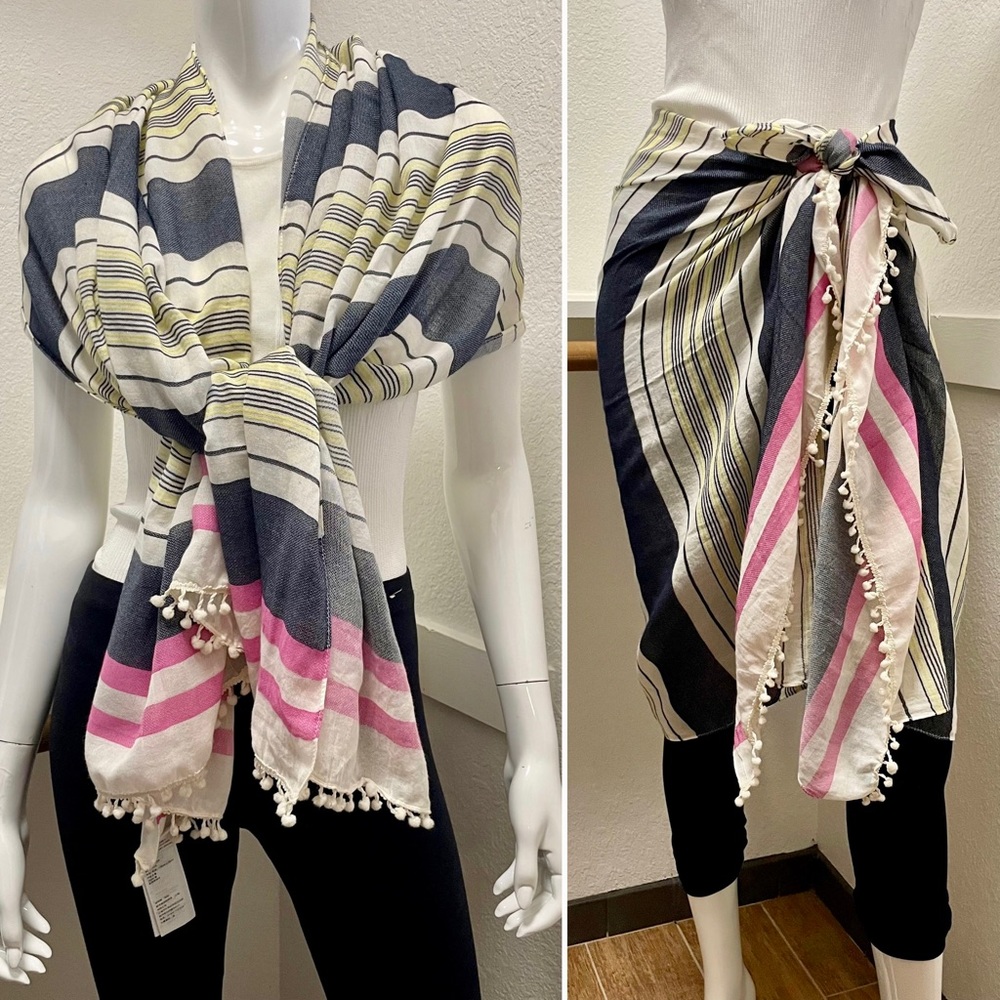 Abercrombie and Fitch pom-pom lightweight striped cotton scarf/wrap
